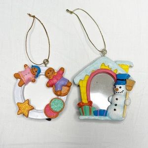 Vintage Picture Frame Hanging Christmas Ornaments Set of 2 Snowman Gingerbread